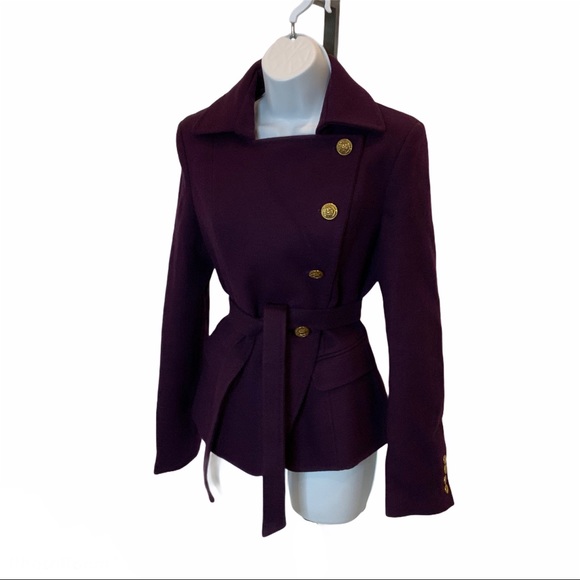 Kenar Plum Belted Gold Button Pea Coat Size M - Picture 3 of 8